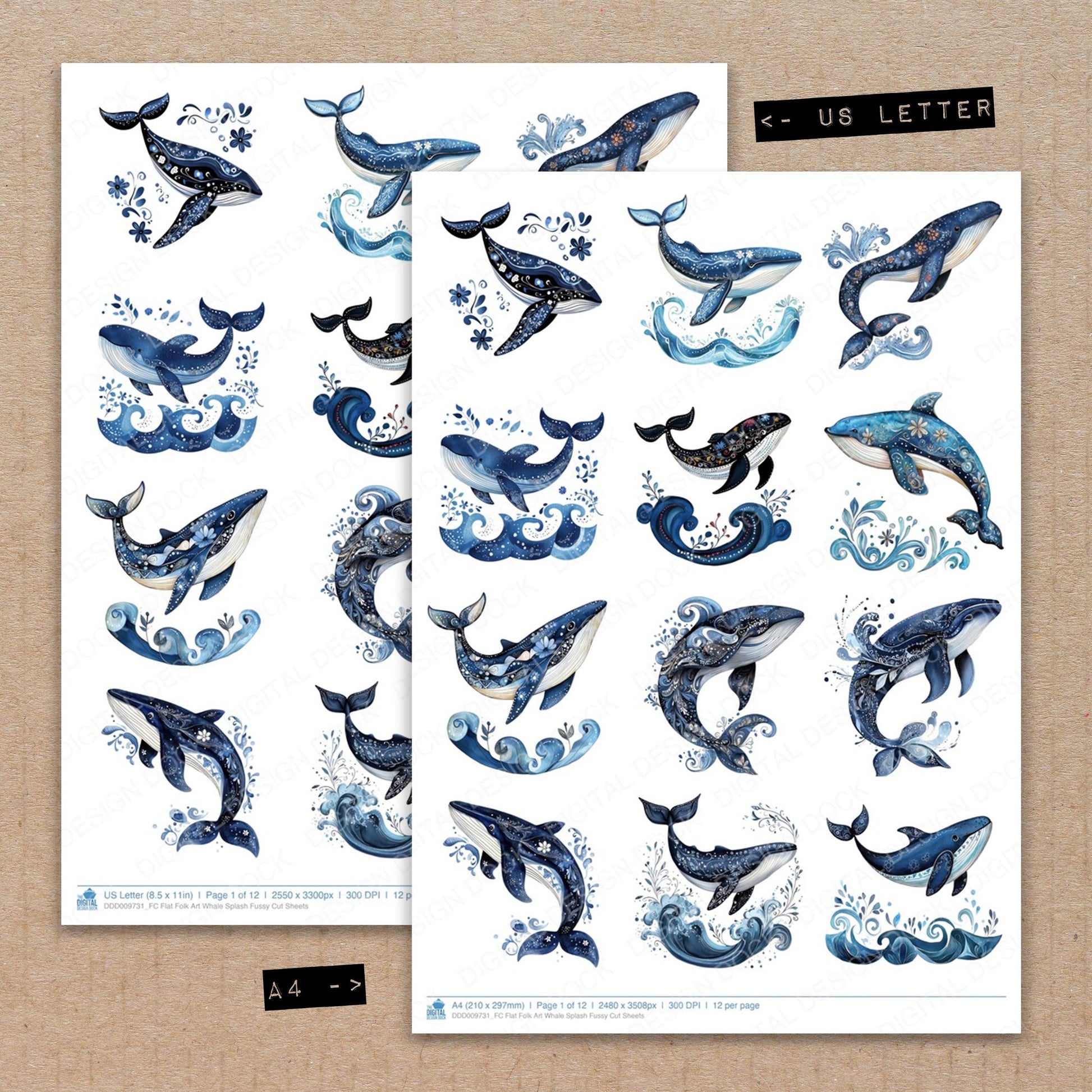 A4 and US Letter format comparison showing Flat Folk Art Whale Splash fussy cut pages for print and cut crafting