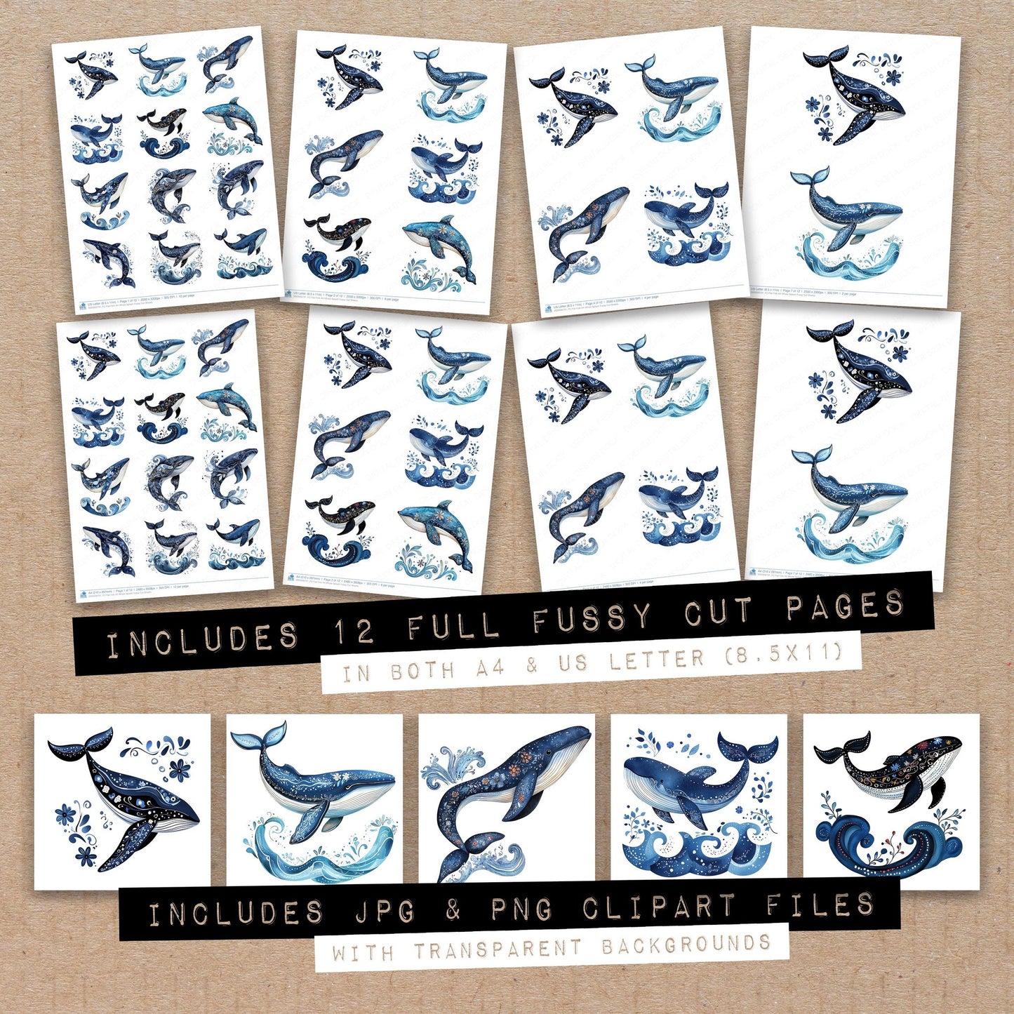 Full collection view of Flat Folk Art Whale Splash fussy cut sheets with bonus clipart JPG and PNG files