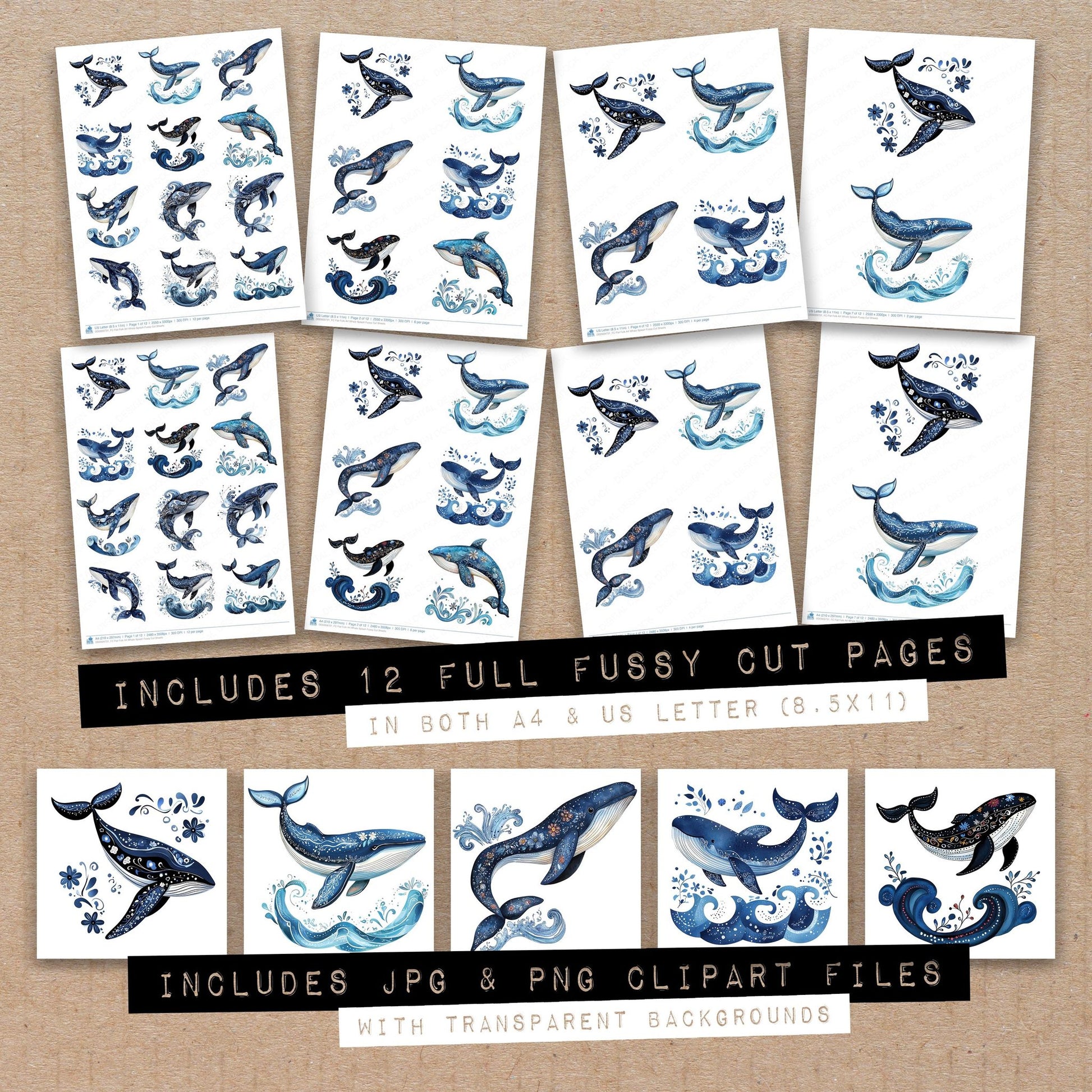 Full collection view of Flat Folk Art Whale Splash fussy cut sheets with bonus clipart JPG and PNG files
