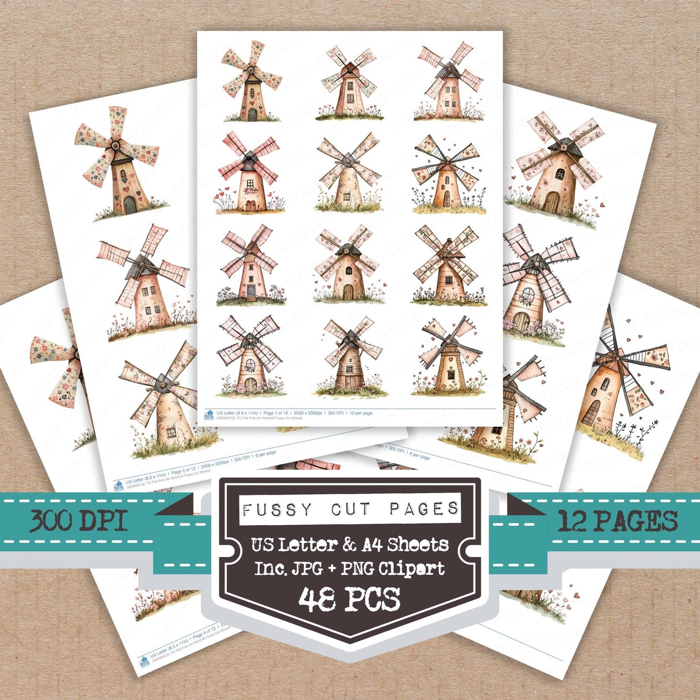 Flat Folk Art Windmill Fussy Cut Sheets (DDD009732)