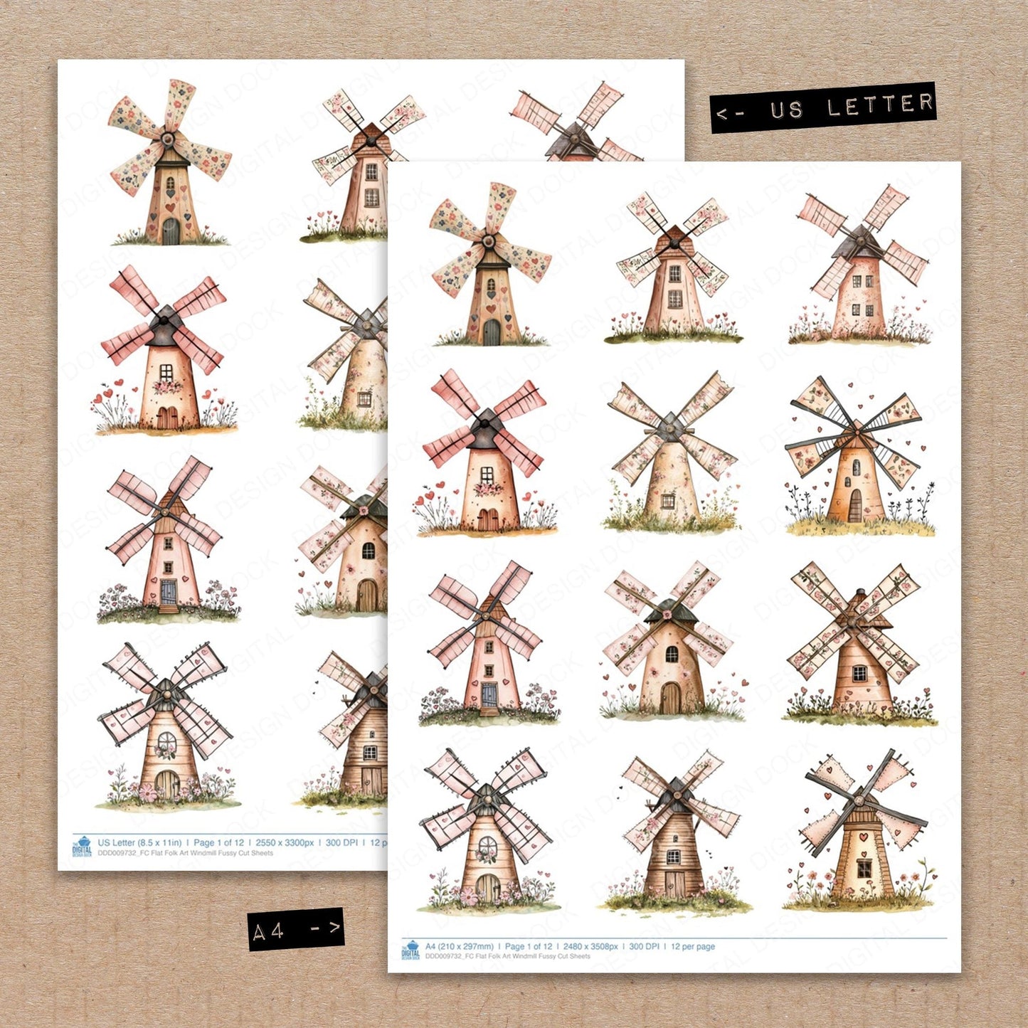 Flat Folk Art Windmill Fussy Cut Sheets (DDD009732)