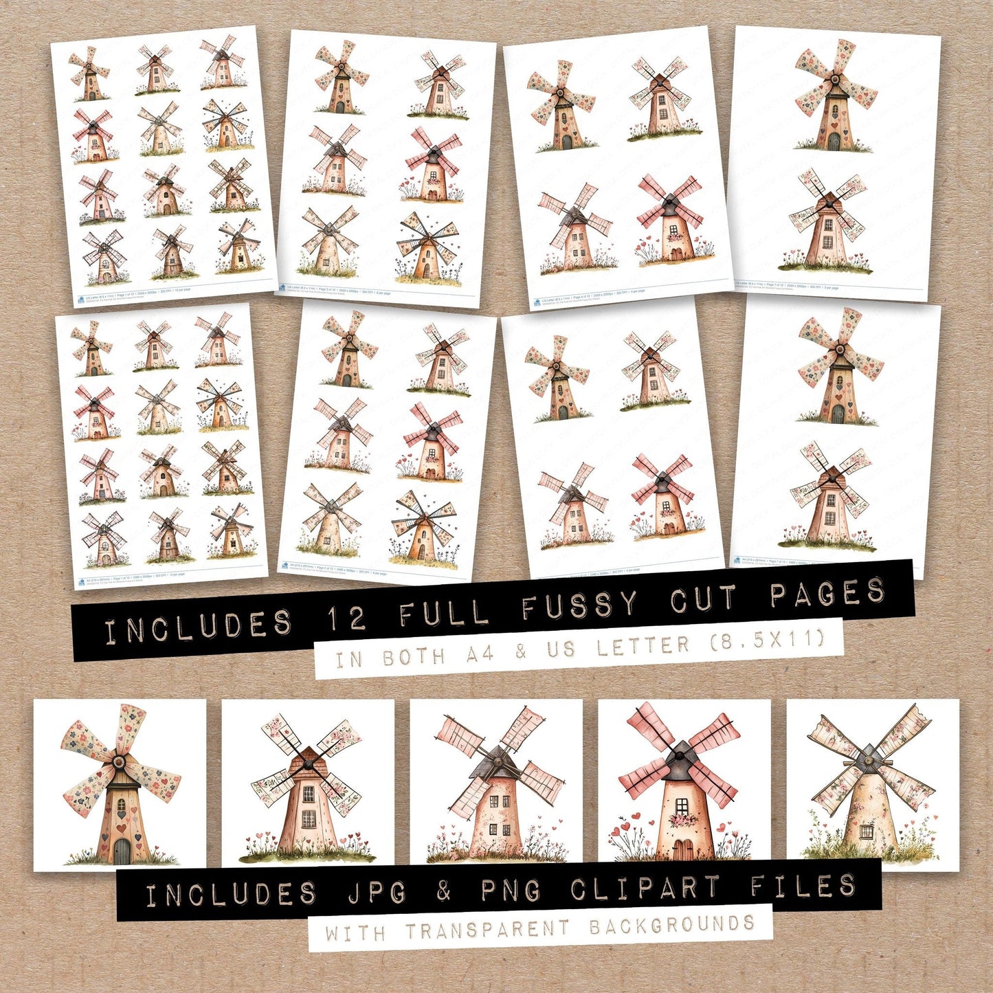 Flat Folk Art Windmill Fussy Cut Sheets (DDD009732)