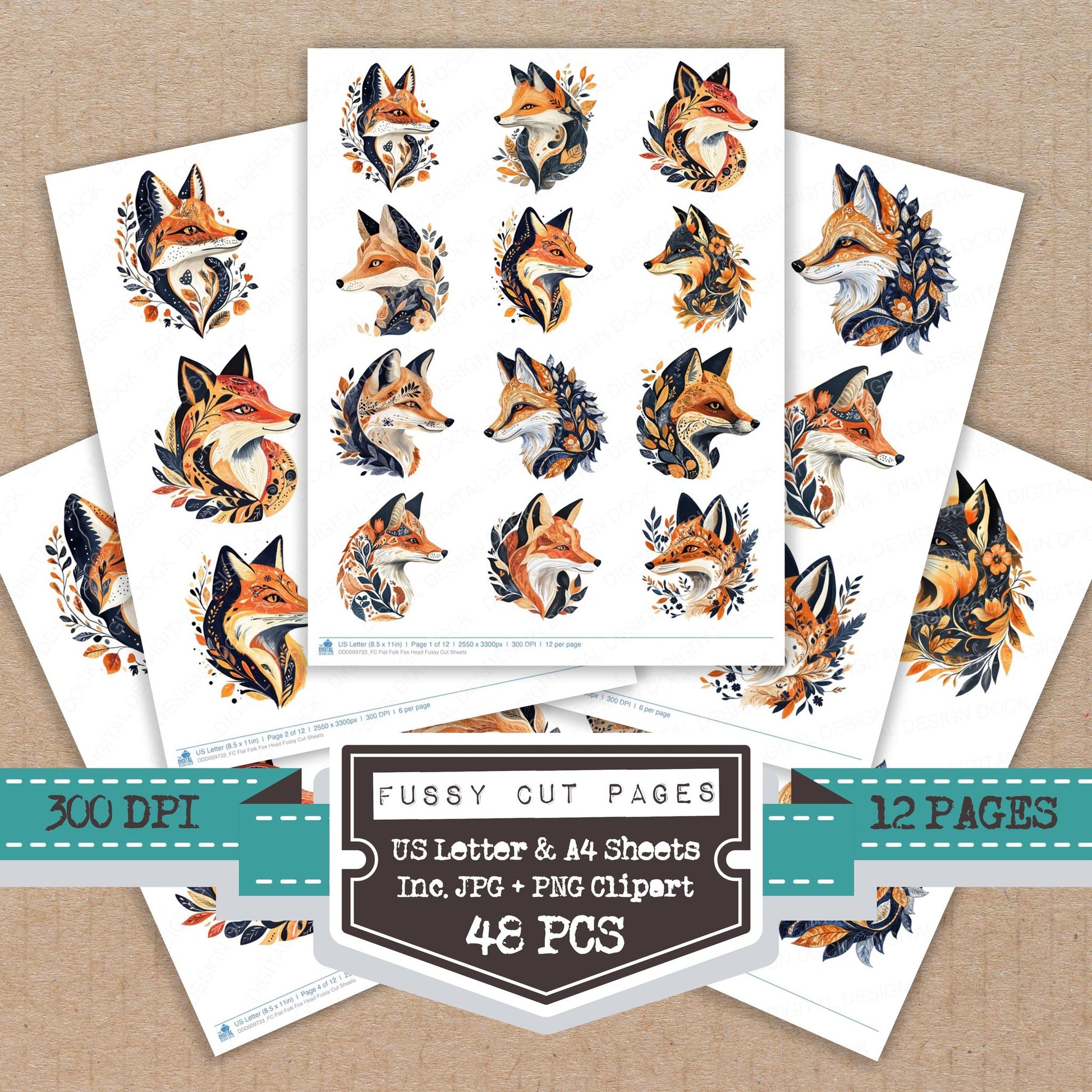 Flat Folk Fox Head fussy cut printable sheets for junk journaling, scrapbooking, and paper craft projects