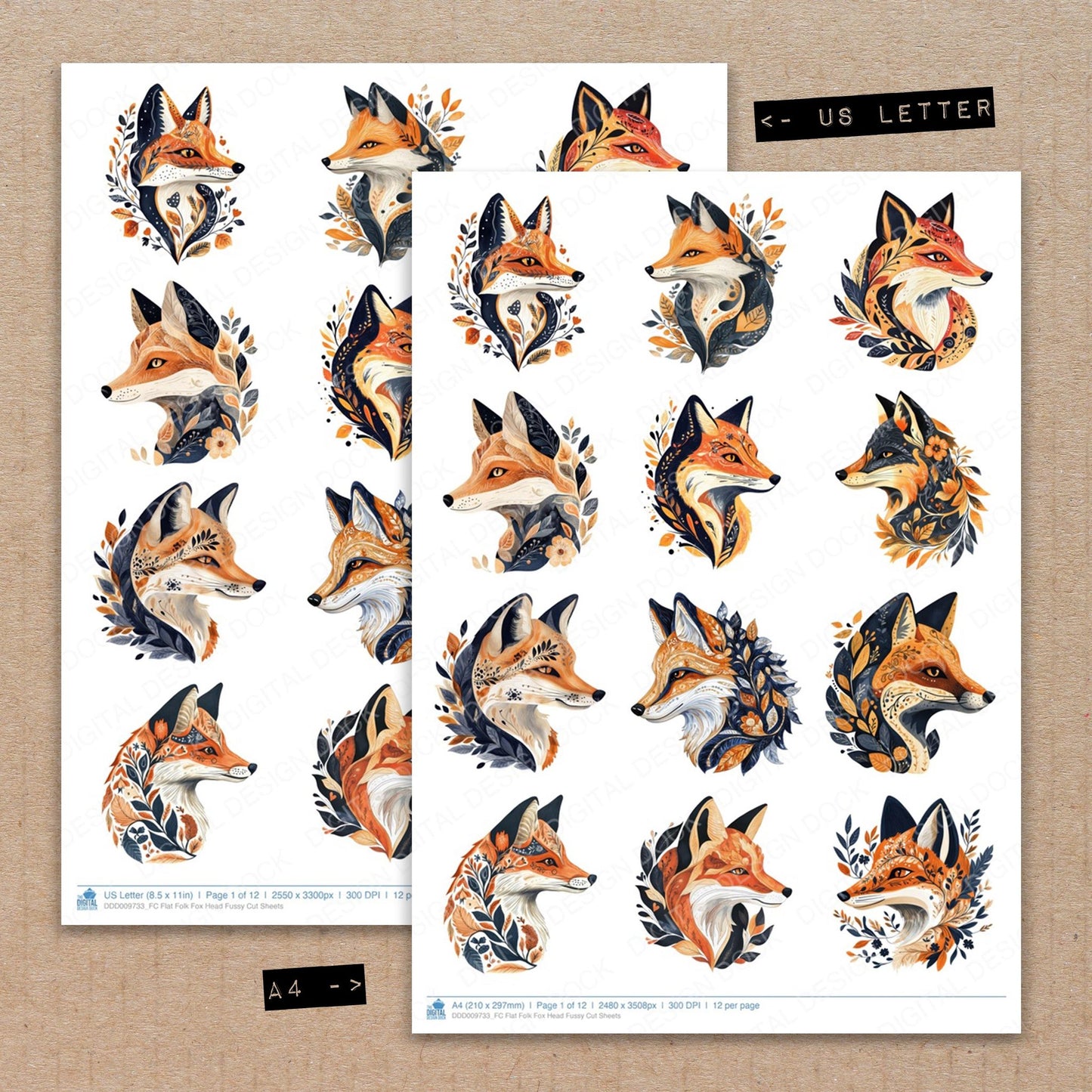 A4 and US Letter format comparison showing Flat Folk Fox Head fussy cut pages for print and cut crafting