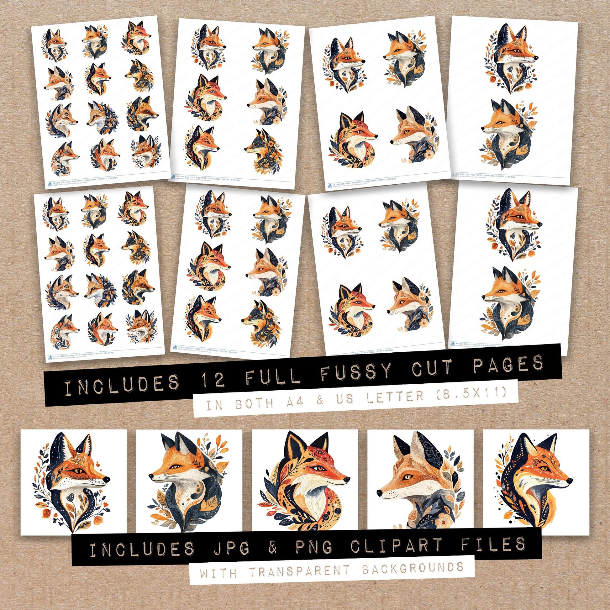 Full collection view of Flat Folk Fox Head fussy cut sheets with bonus clipart JPG and PNG files