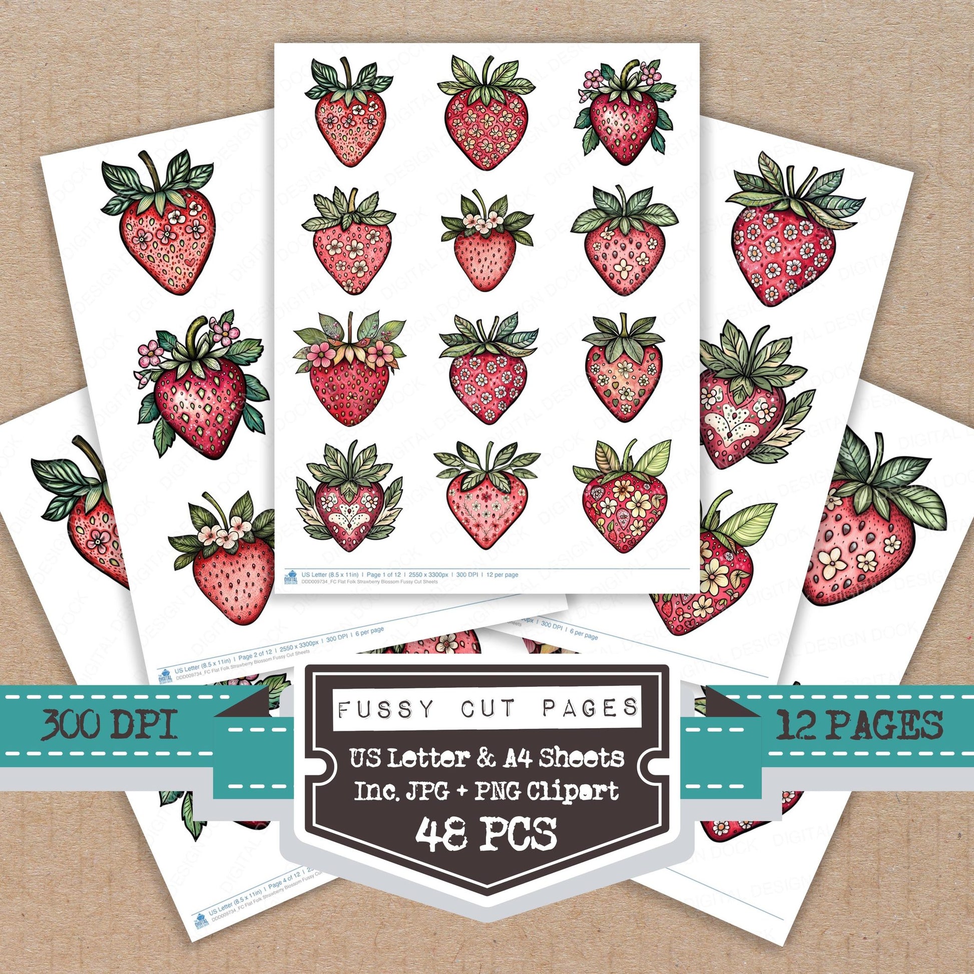 Flat Folk Strawberry Blossom fussy cut printable sheets for junk journaling, scrapbooking, and paper craft projects