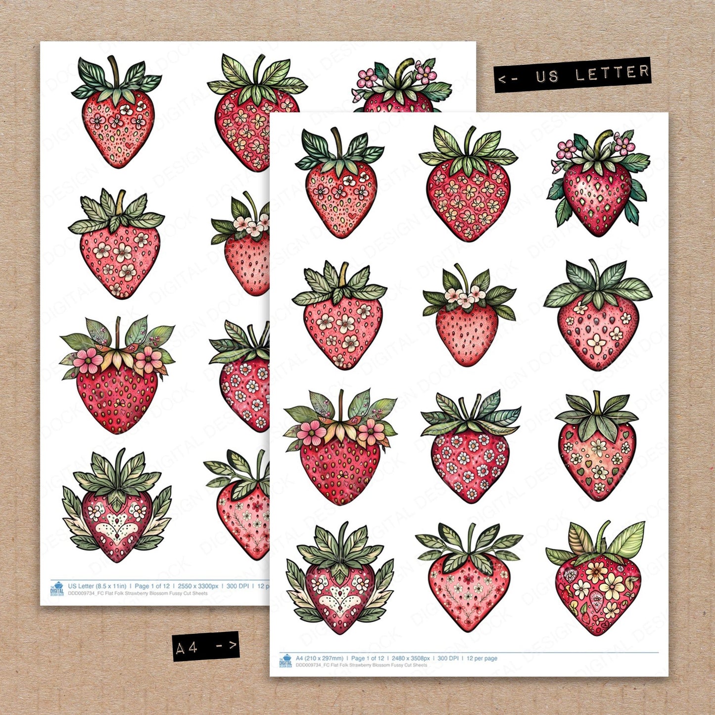 A4 and US Letter format comparison showing Flat Folk Strawberry Blossom fussy cut pages for print and cut crafting