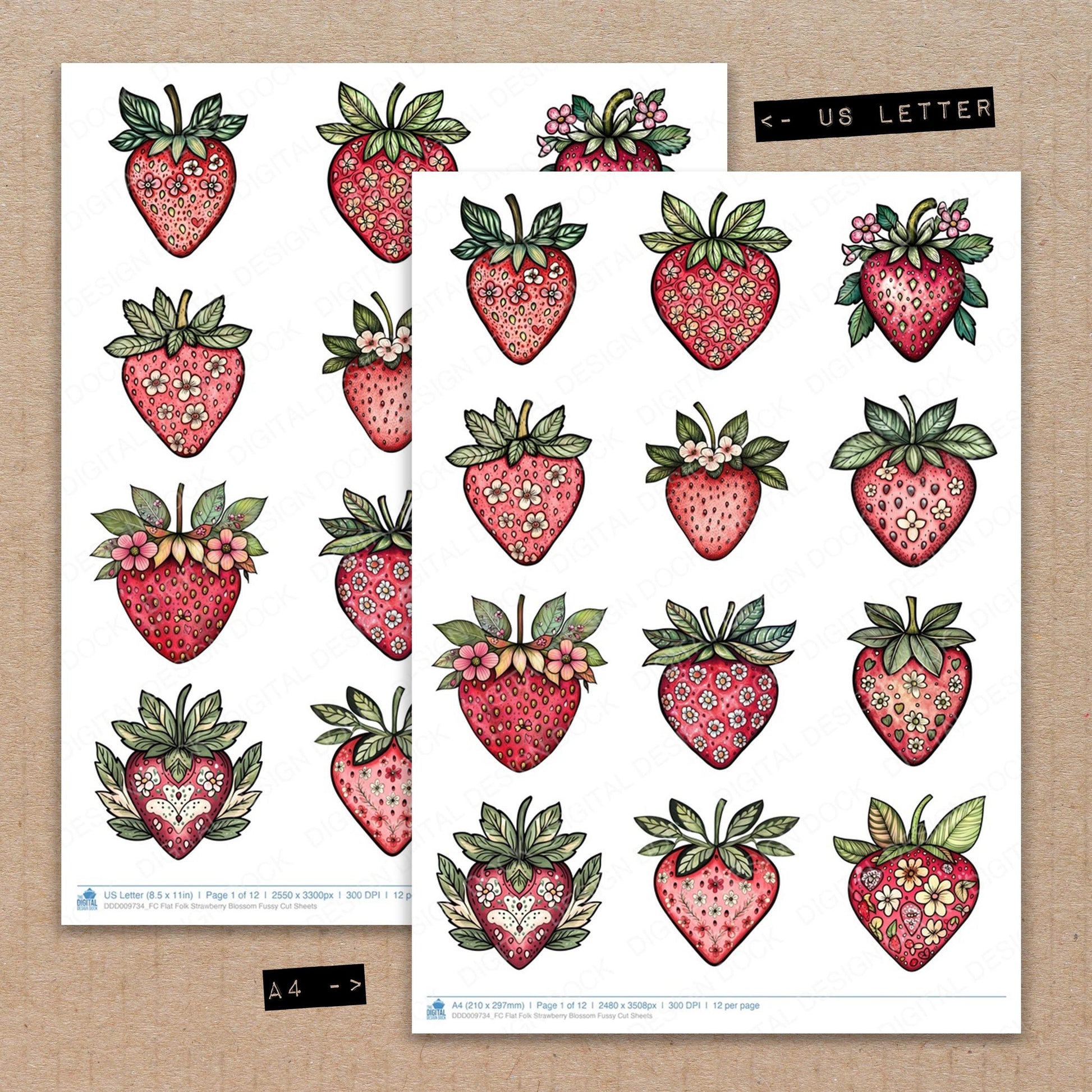 A4 and US Letter format comparison showing Flat Folk Strawberry Blossom fussy cut pages for print and cut crafting