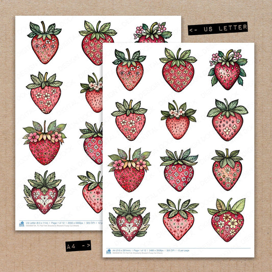 A4 and US Letter format comparison showing Flat Folk Strawberry Blossom fussy cut pages for print and cut crafting