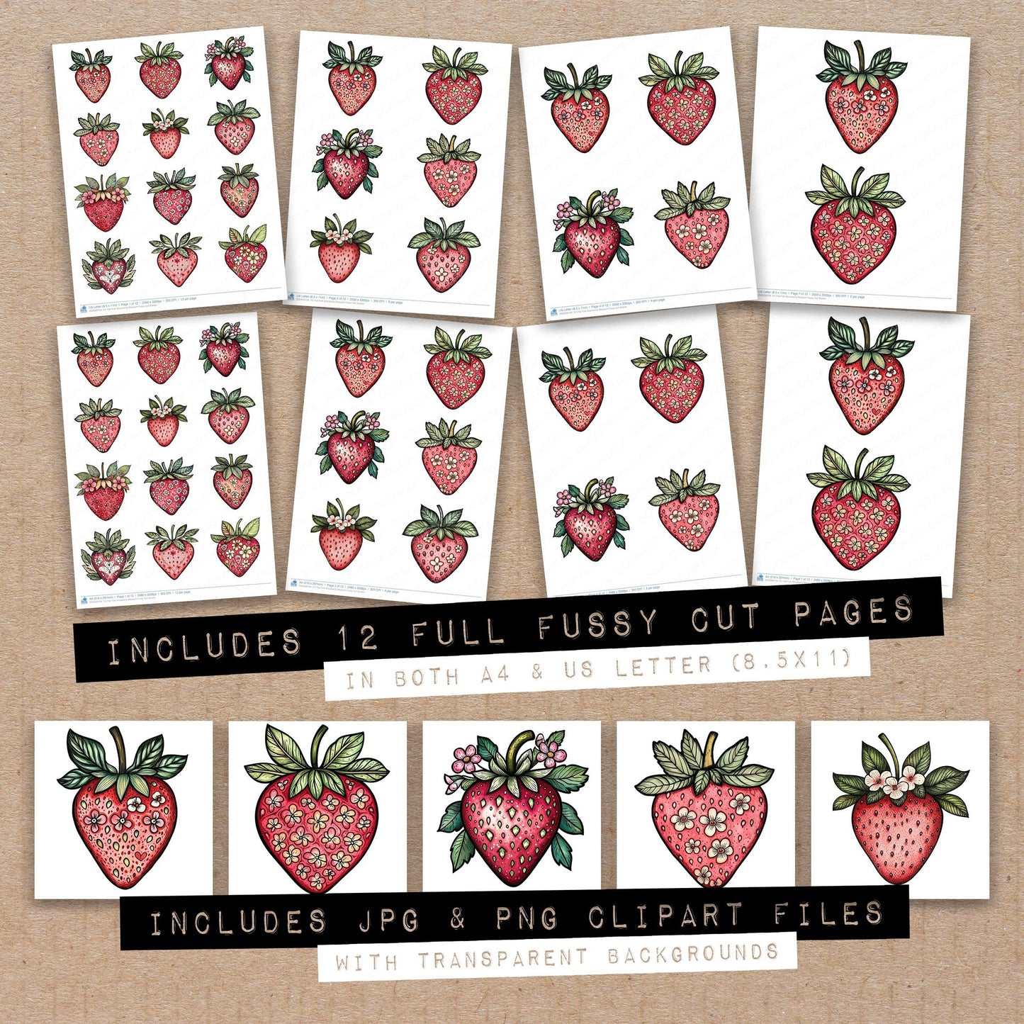 Full collection view of Flat Folk Strawberry Blossom fussy cut sheets with bonus clipart JPG and PNG files