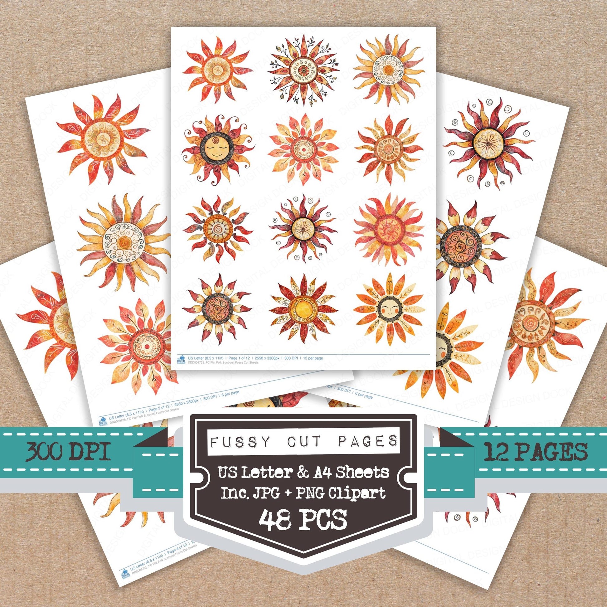 Flat Folk Sunburst fussy cut printable sheets for junk journaling, scrapbooking, and paper craft projects