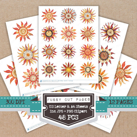 Flat Folk Sunburst fussy cut printable sheets for junk journaling, scrapbooking, and paper craft projects