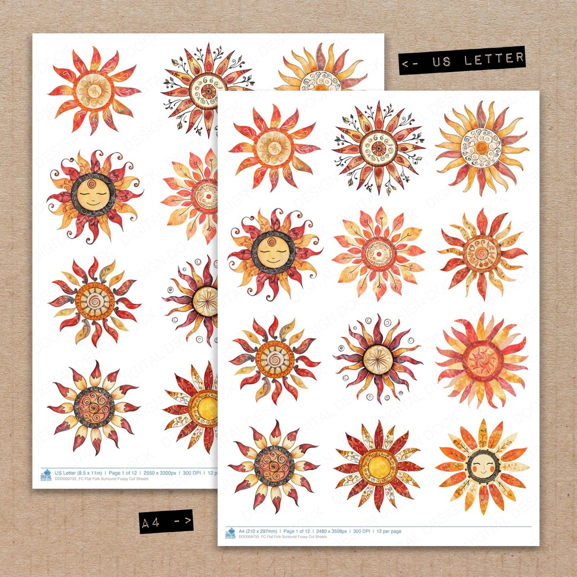 A4 and US Letter format comparison showing Flat Folk Sunburst fussy cut pages for print and cut crafting