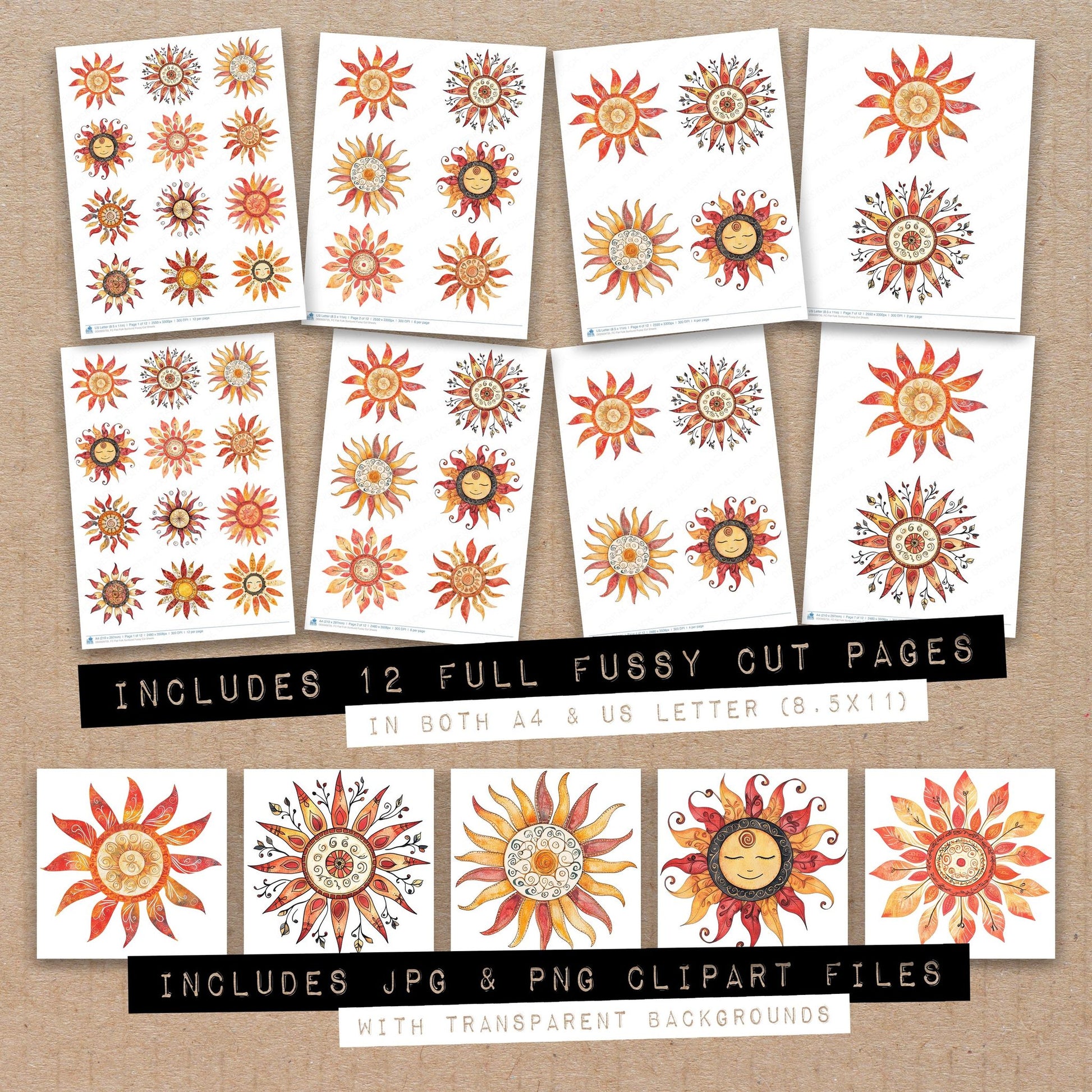 Full collection view of Flat Folk Sunburst fussy cut sheets with bonus clipart JPG and PNG files