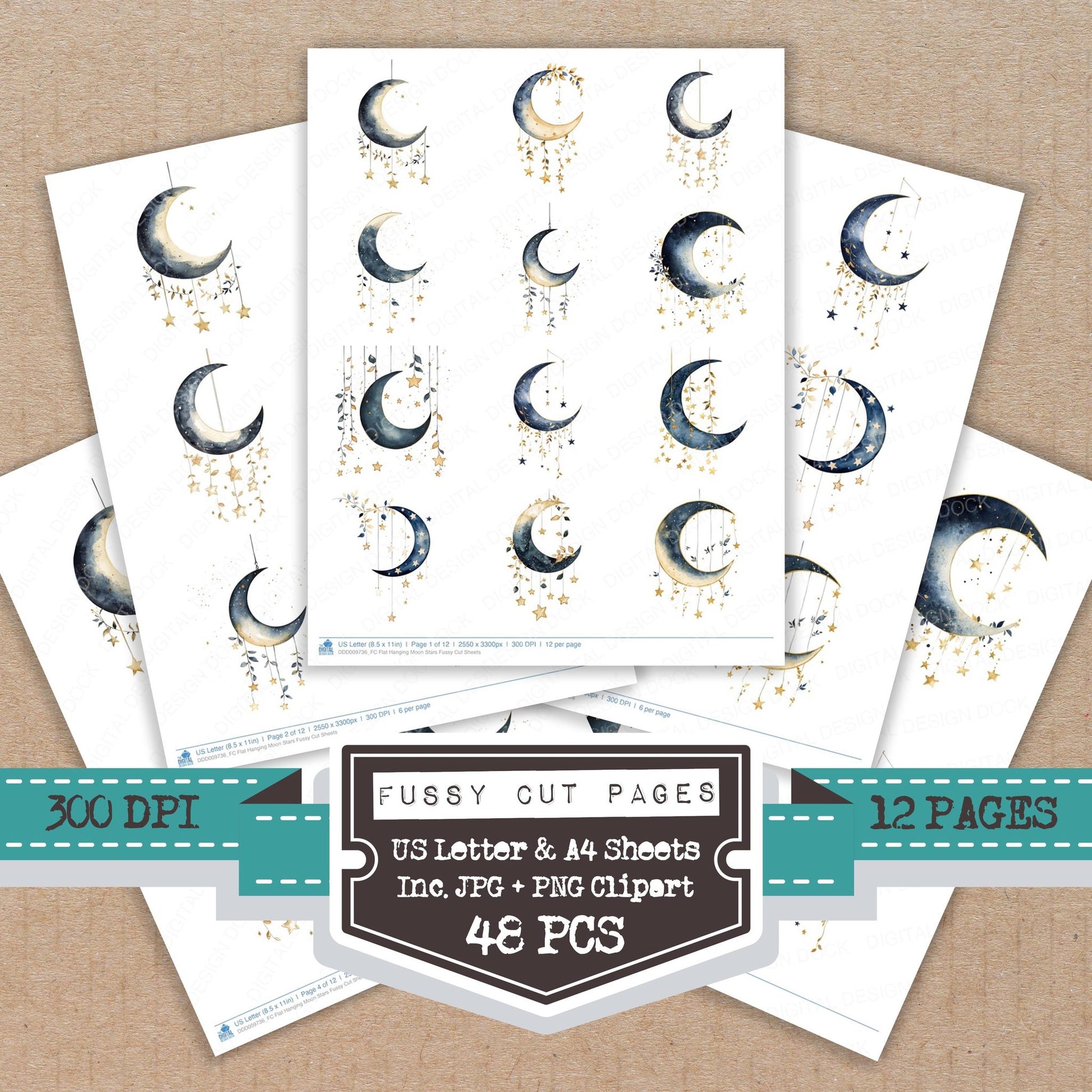 Flat Hanging Moon Stars fussy cut printable sheets for junk journaling, scrapbooking, and paper craft projects
