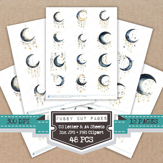 Flat Hanging Moon Stars fussy cut printable sheets for junk journaling, scrapbooking, and paper craft projects