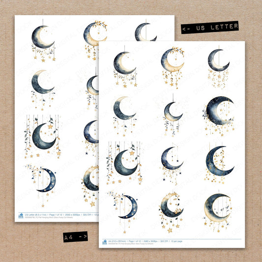 A4 and US Letter format comparison showing Flat Hanging Moon Stars fussy cut pages for print and cut crafting