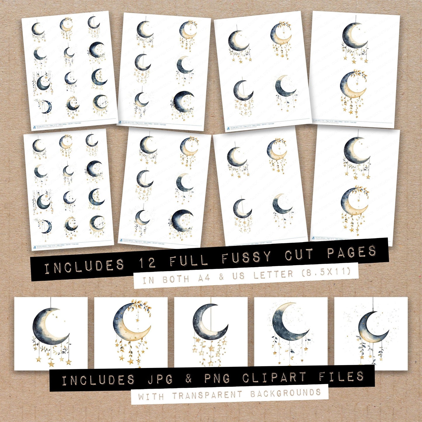 Full collection view of Flat Hanging Moon Stars fussy cut sheets with bonus clipart JPG and PNG files