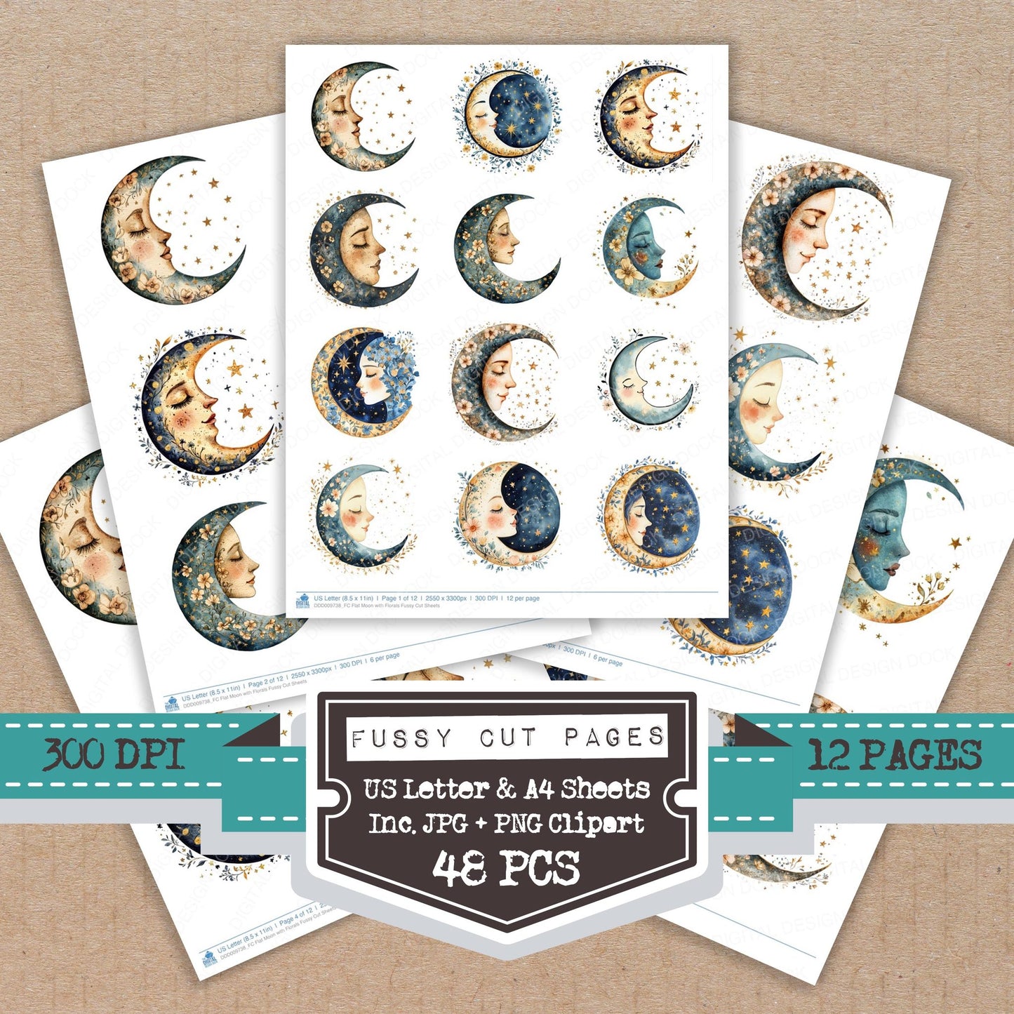 Flat Moon with Florals fussy cut printable sheets for junk journaling, scrapbooking, and paper craft projects