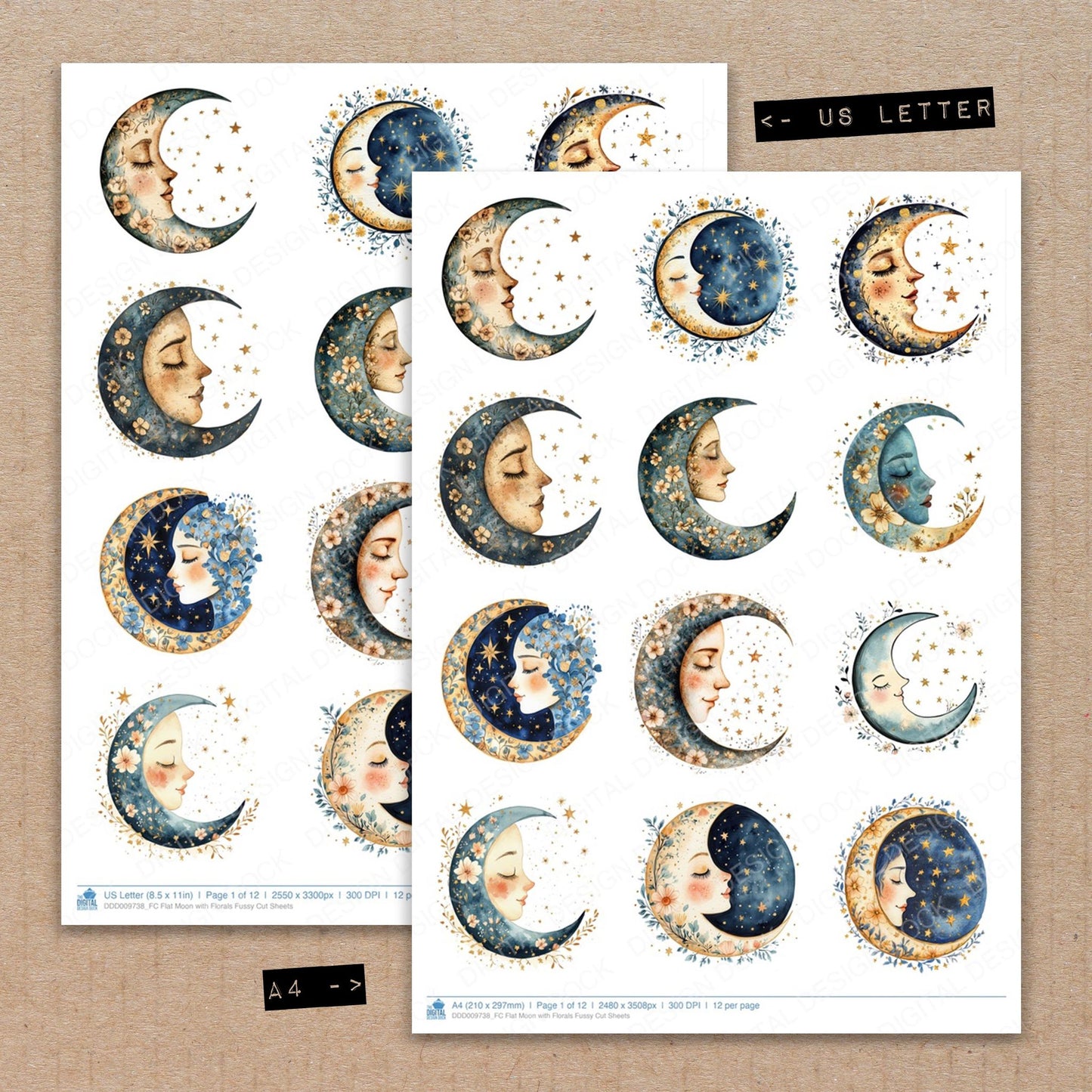 A4 and US Letter format comparison showing Flat Moon with Florals fussy cut pages for print and cut crafting