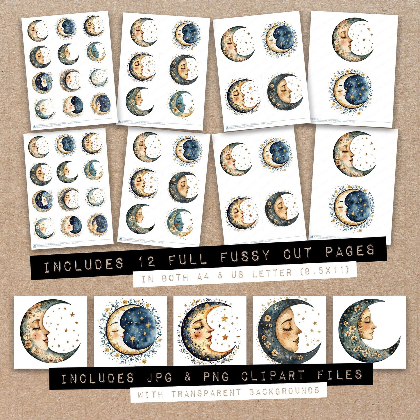 Full collection view of Flat Moon with Florals fussy cut sheets with bonus clipart JPG and PNG files