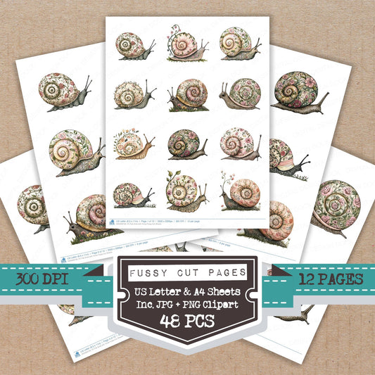 Flat Snail with Vines fussy cut printable sheets for junk journaling, scrapbooking, and paper craft projects