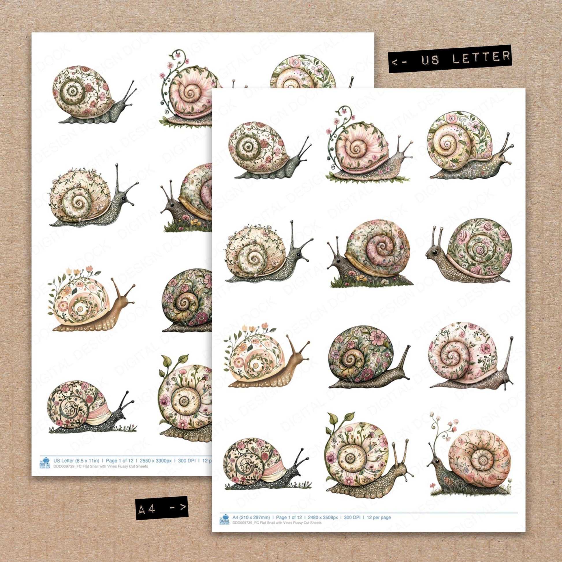 A4 and US Letter format comparison showing Flat Snail with Vines fussy cut pages for print and cut crafting