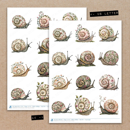 A4 and US Letter format comparison showing Flat Snail with Vines fussy cut pages for print and cut crafting