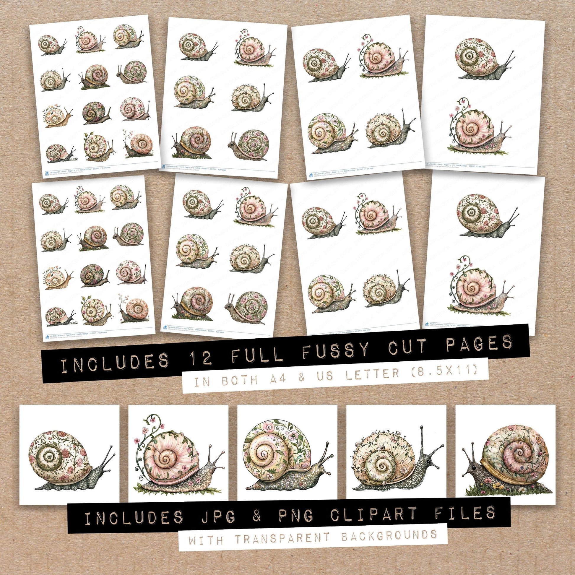 Full collection view of Flat Snail with Vines fussy cut sheets with bonus clipart JPG and PNG files