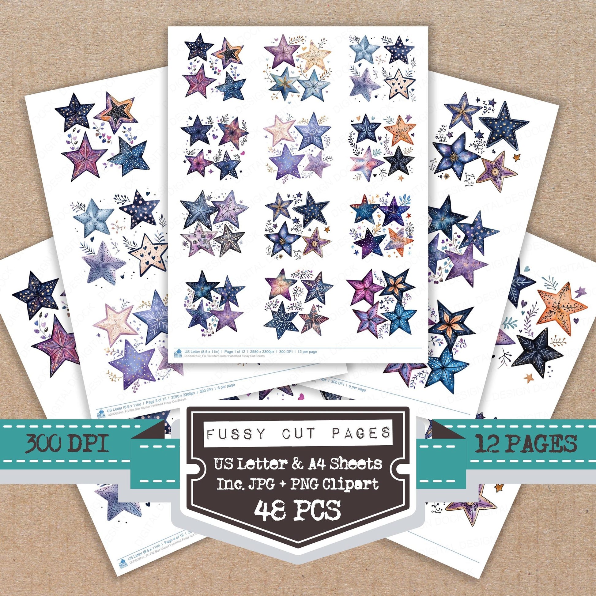 Flat Star Cluster Patterned fussy cut printable sheets for junk journaling, scrapbooking, and paper craft projects
