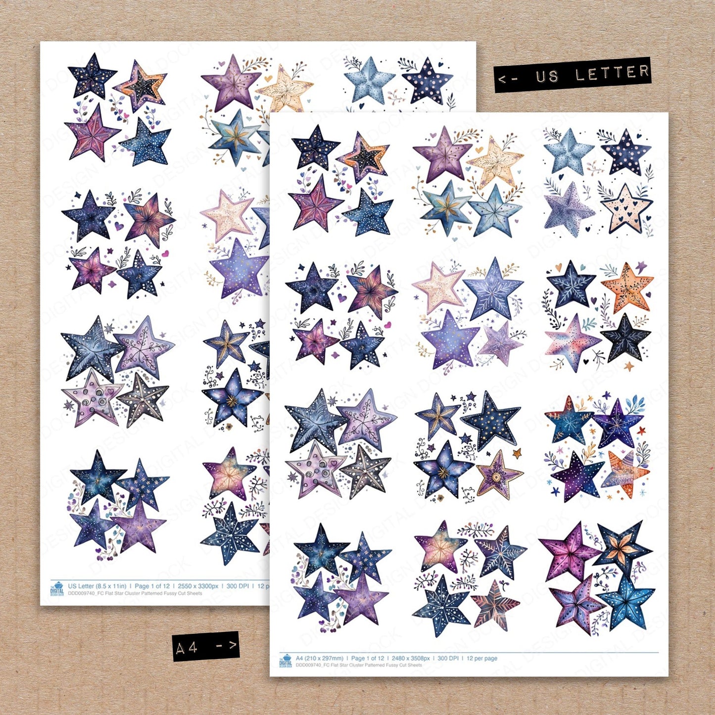 A4 and US Letter format comparison showing Flat Star Cluster Patterned fussy cut pages for print and cut crafting