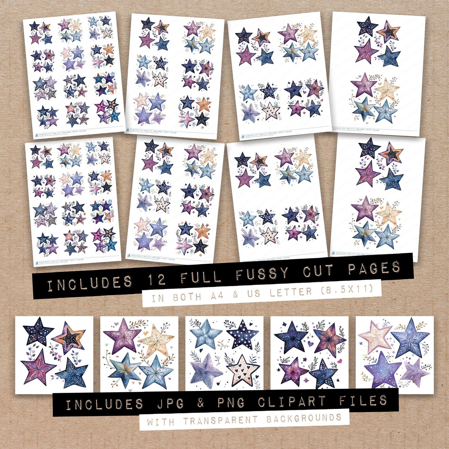 Full collection view of Flat Star Cluster Patterned fussy cut sheets with bonus clipart JPG and PNG files