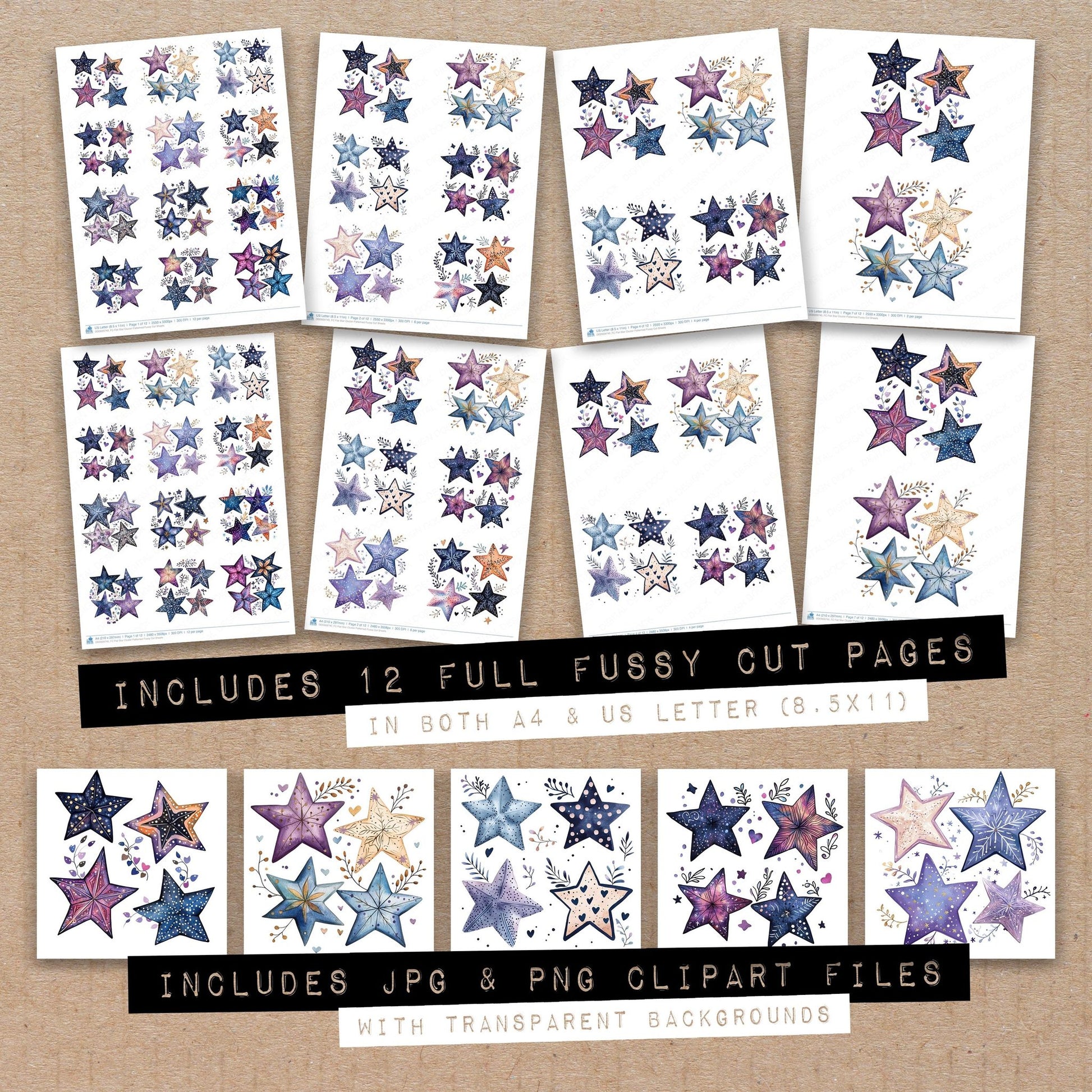 Full collection view of Flat Star Cluster Patterned fussy cut sheets with bonus clipart JPG and PNG files