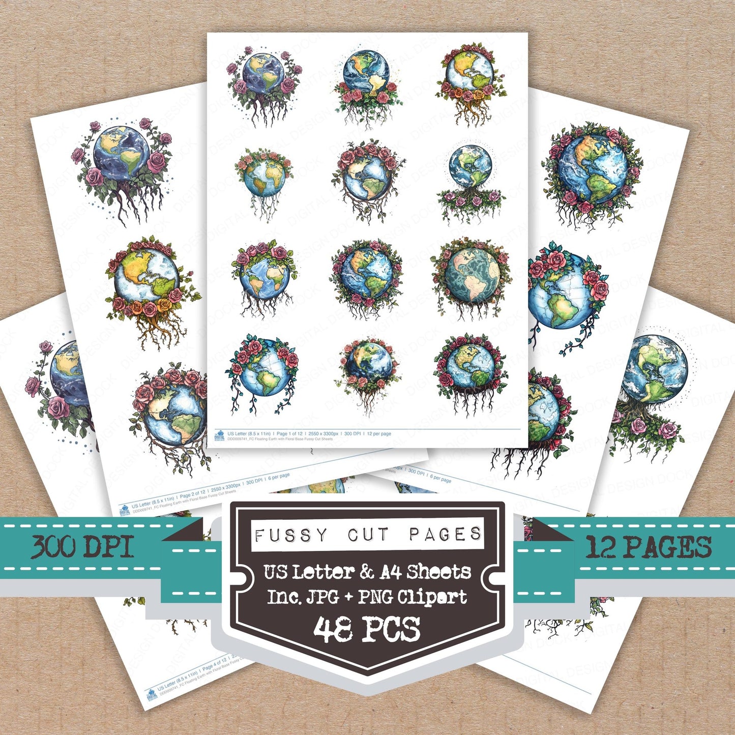 Floating Earth with Floral Base fussy cut printable sheets for junk journaling, scrapbooking, and paper craft projects