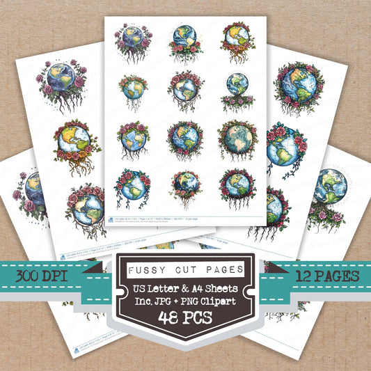 Floating Earth with Floral Base fussy cut printable sheets for junk journaling, scrapbooking, and paper craft projects