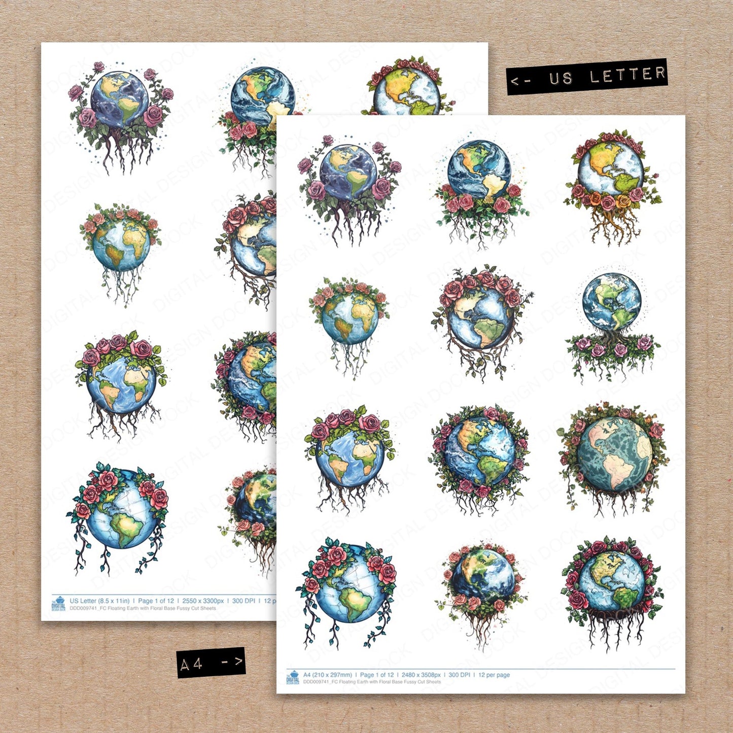A4 and US Letter format comparison showing Floating Earth with Floral Base fussy cut pages for print and cut crafting