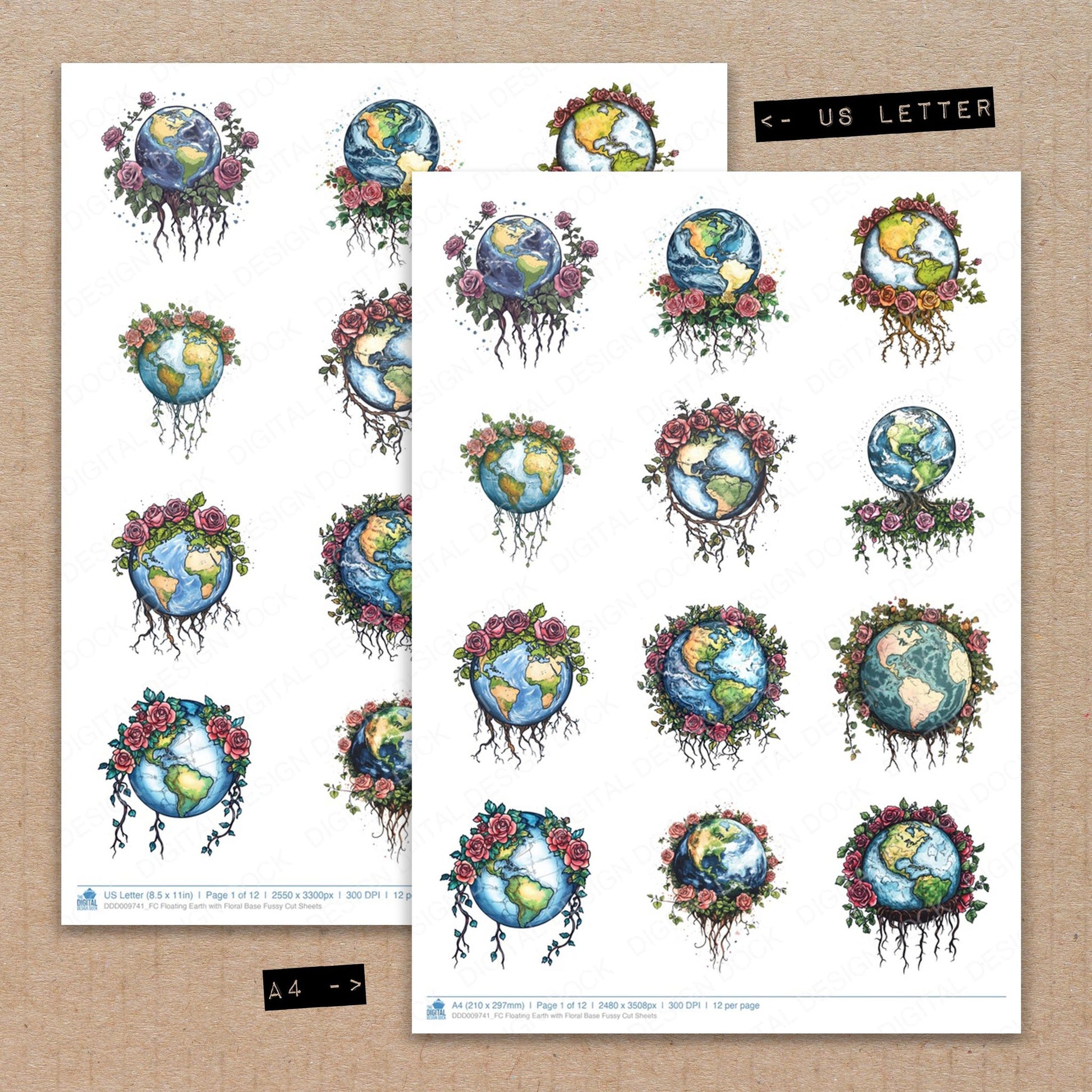 A4 and US Letter format comparison showing Floating Earth with Floral Base fussy cut pages for print and cut crafting
