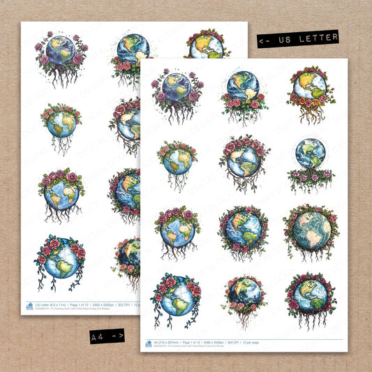 A4 and US Letter format comparison showing Floating Earth with Floral Base fussy cut pages for print and cut crafting