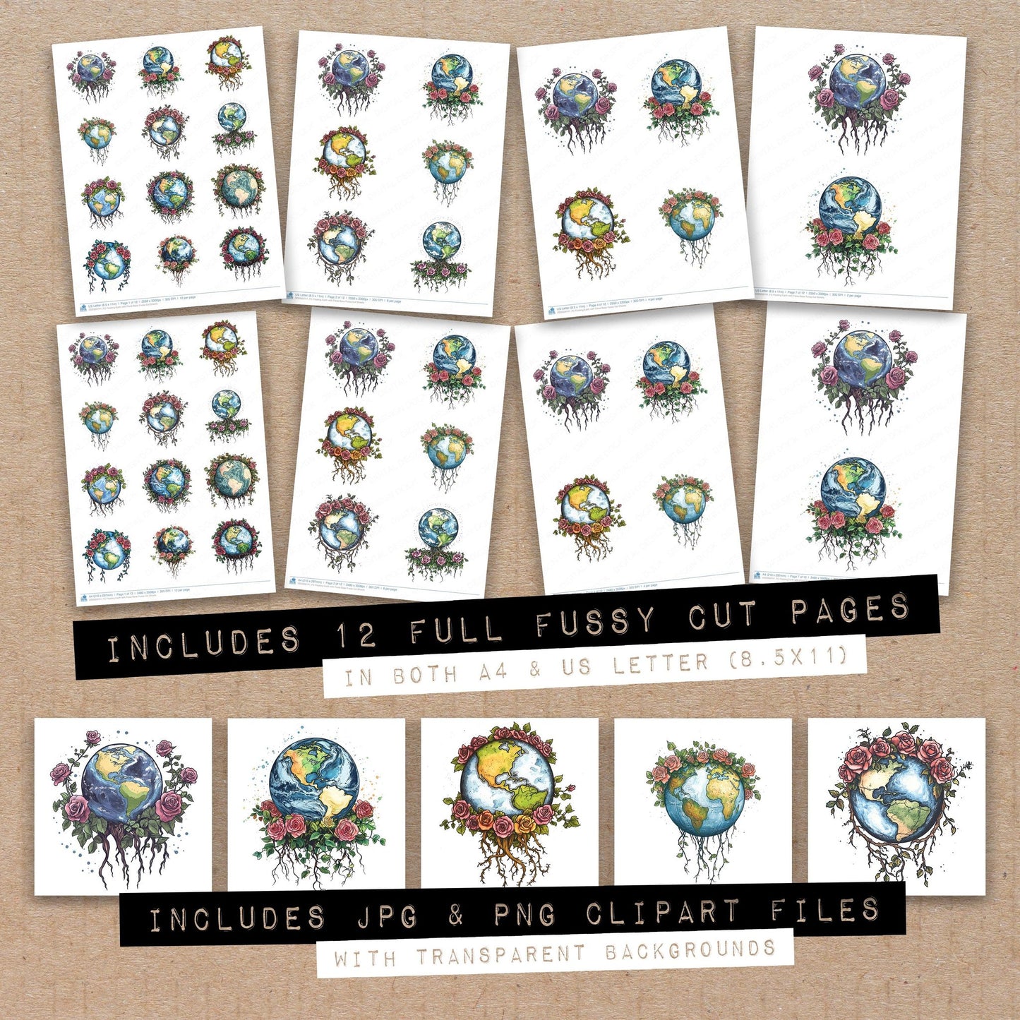 Full collection view of Floating Earth with Floral Base fussy cut sheets with bonus clipart JPG and PNG files
