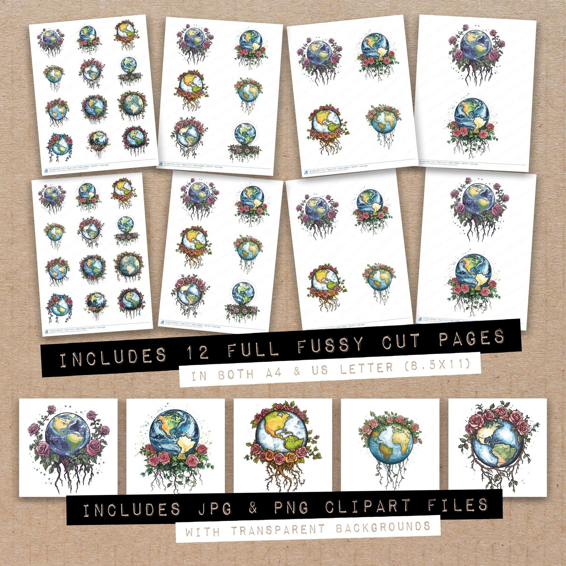 Full collection view of Floating Earth with Floral Base fussy cut sheets with bonus clipart JPG and PNG files