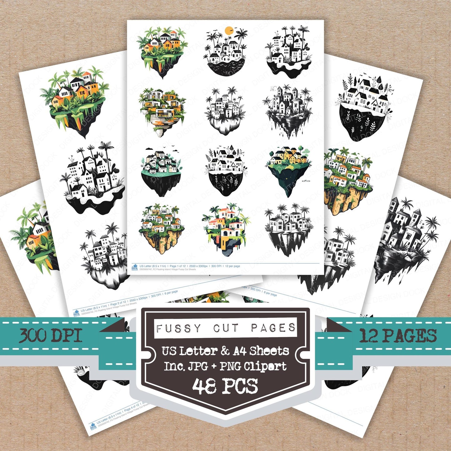 Floating Island Village fussy cut printable sheets for junk journaling, scrapbooking, and paper craft projects