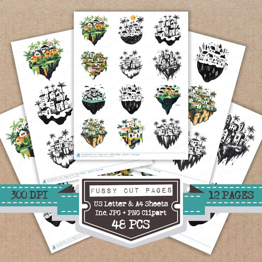 Floating Island Village fussy cut printable sheets for junk journaling, scrapbooking, and paper craft projects
