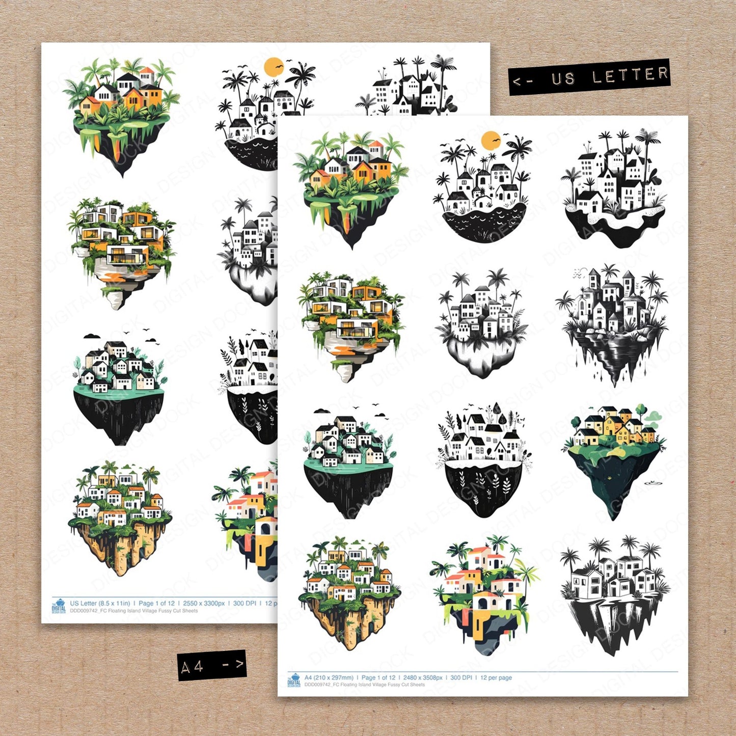 A4 and US Letter format comparison showing Floating Island Village fussy cut pages for print and cut crafting