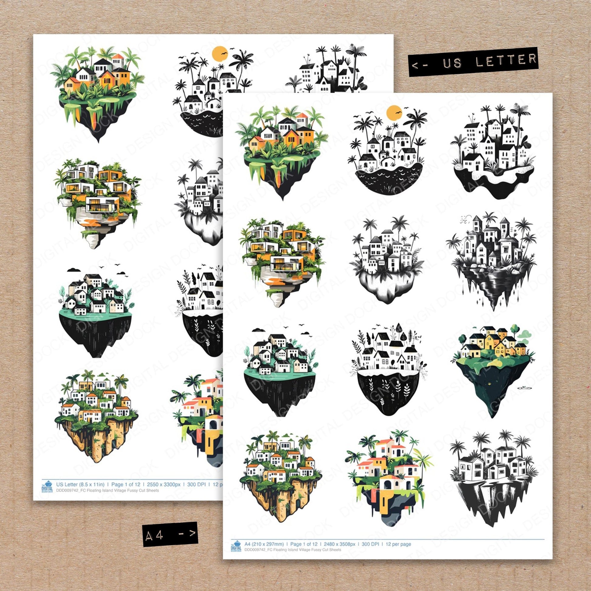 A4 and US Letter format comparison showing Floating Island Village fussy cut pages for print and cut crafting