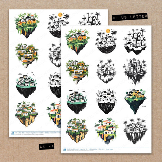 A4 and US Letter format comparison showing Floating Island Village fussy cut pages for print and cut crafting