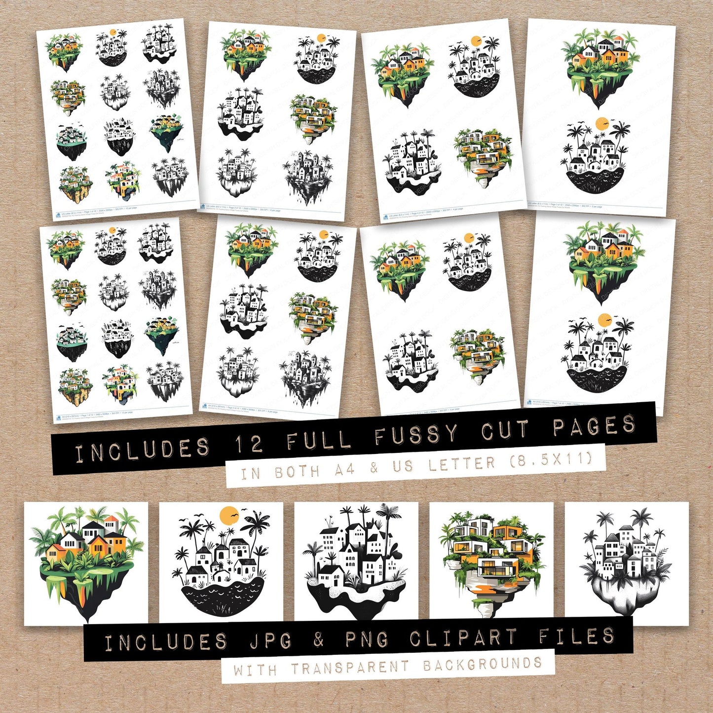 Full collection view of Floating Island Village fussy cut sheets with bonus clipart JPG and PNG files