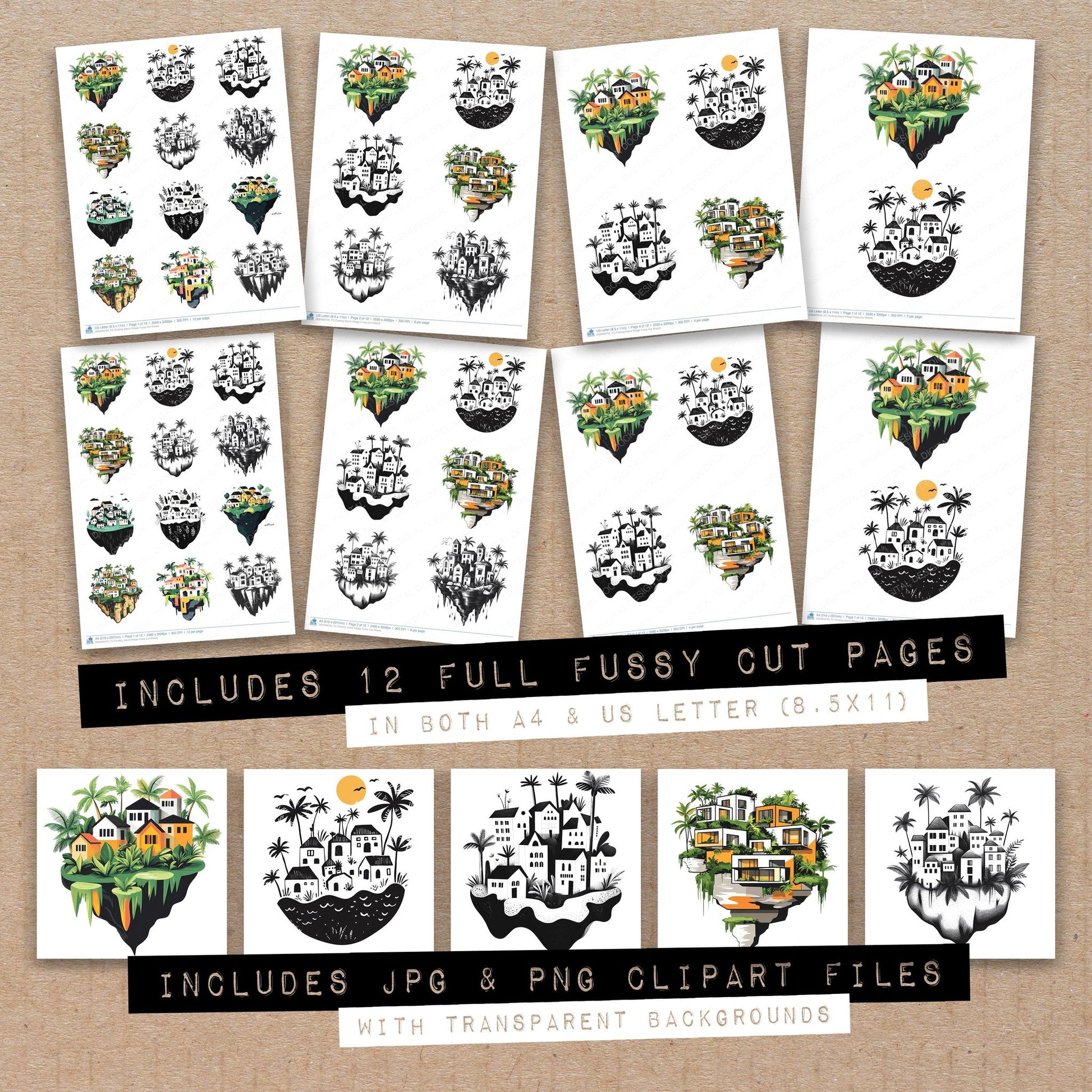 Full collection view of Floating Island Village fussy cut sheets with bonus clipart JPG and PNG files