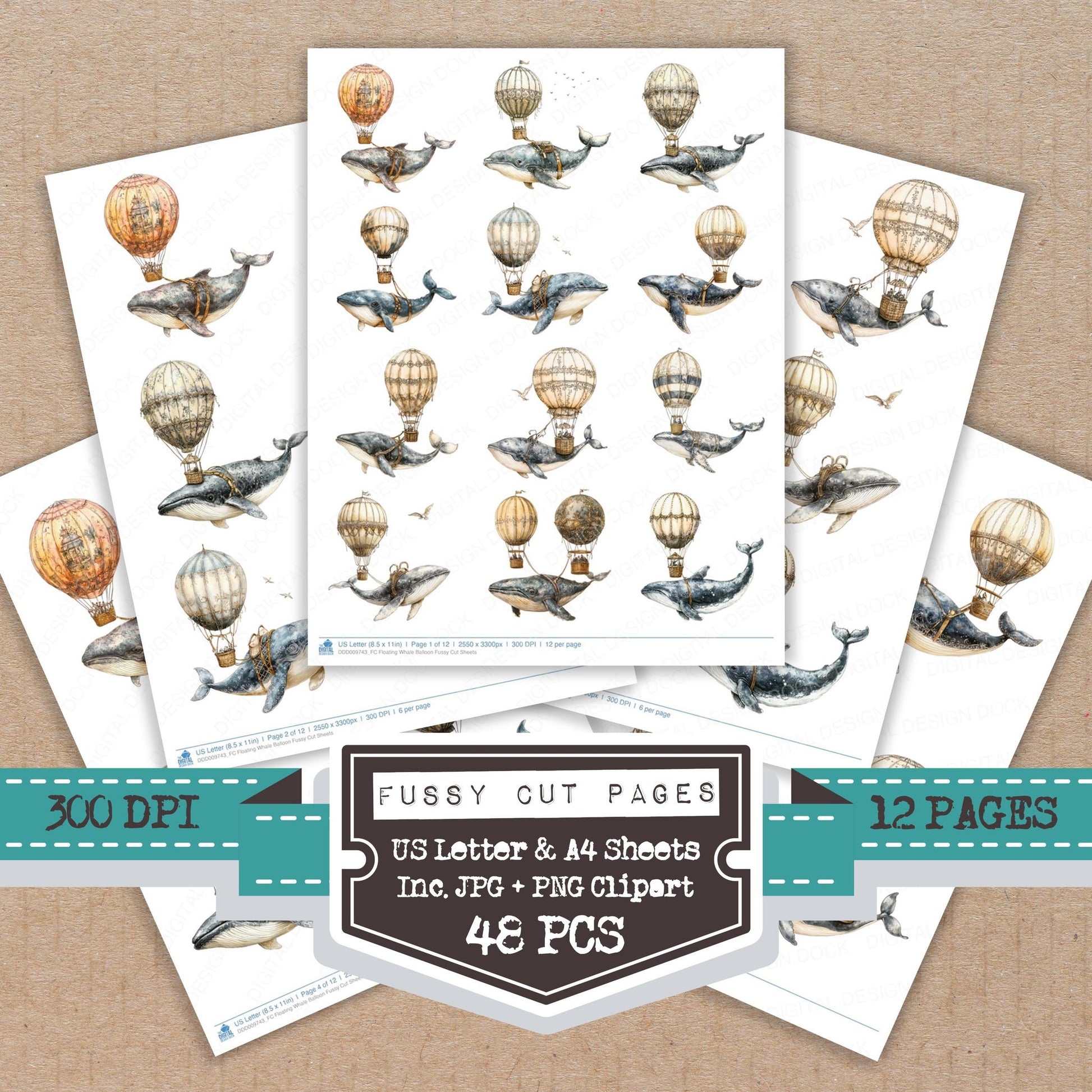 Floating Whale Balloon fussy cut printable sheets for junk journaling, scrapbooking, and paper craft projects