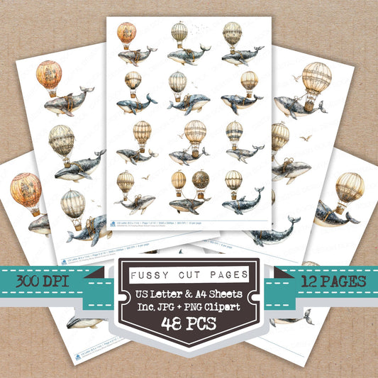 Floating Whale Balloon fussy cut printable sheets for junk journaling, scrapbooking, and paper craft projects