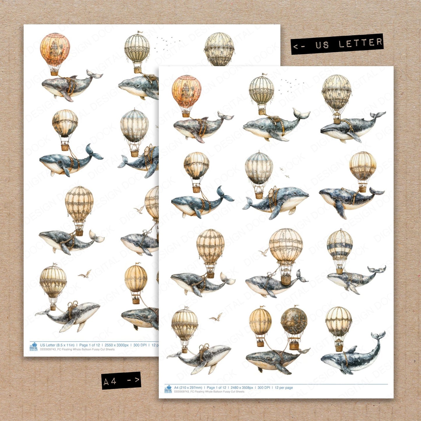 A4 and US Letter format comparison showing Floating Whale Balloon fussy cut pages for print and cut crafting